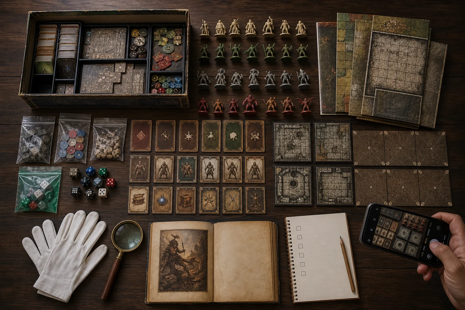 Caja de juego de fantasía usada extendida y ordenada para revisar miniaturas, cartas, dados, losetas y tablero con una lupa, un teléfono y una lista de control