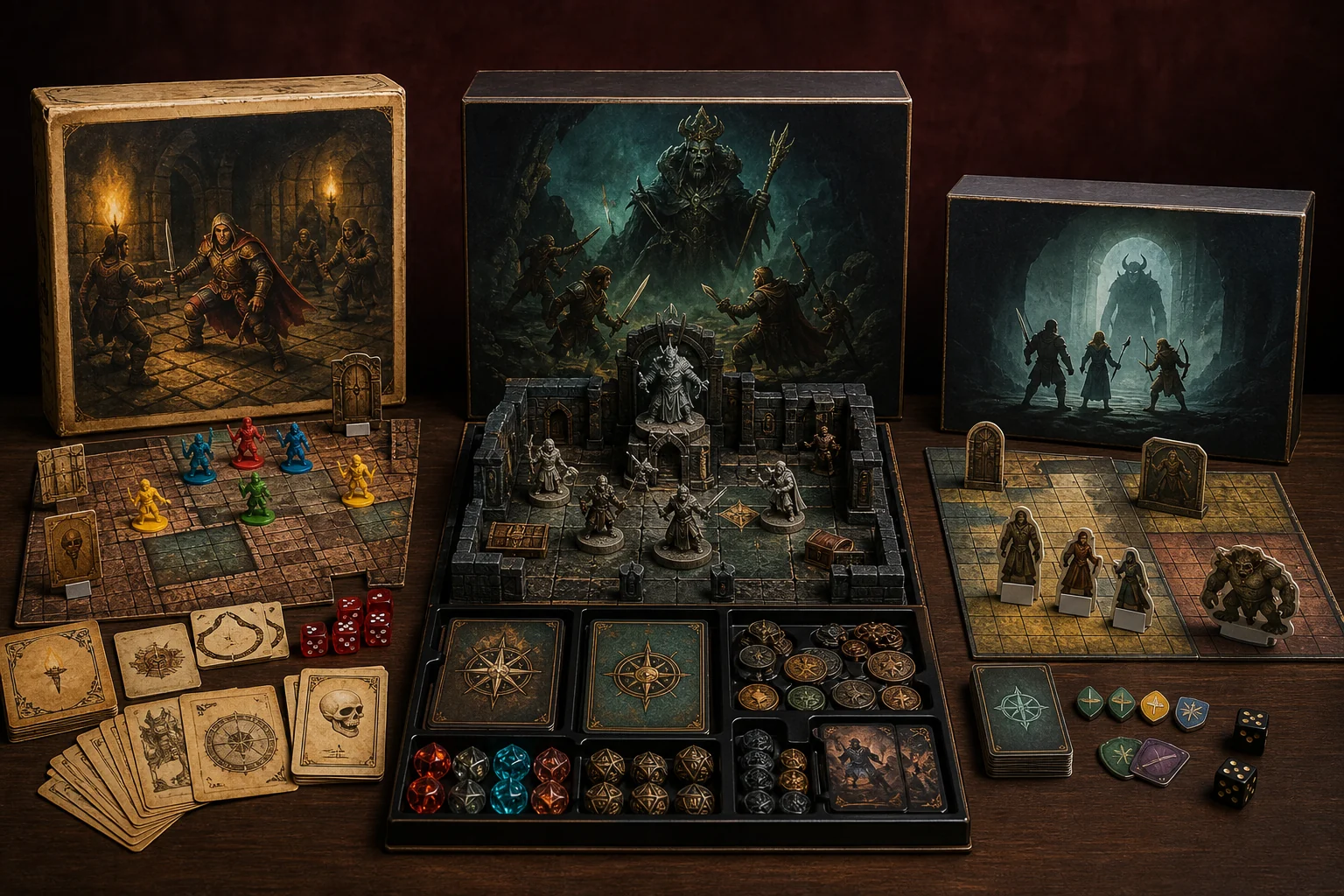 Tres juegos de mazmorras originales colocados en paralelo: una caja clásica con cartón envejecido, una edición moderna con miniaturas y una alternativa compacta con peanas