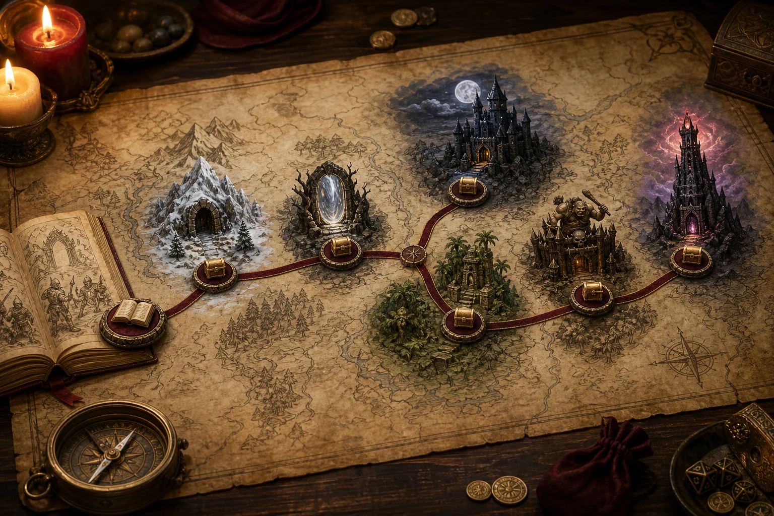 Mapa de fantasía original sobre una mesa, con una ruta que conecta regiones nevadas, espejo, fortaleza, jungla, ogros y una torre final