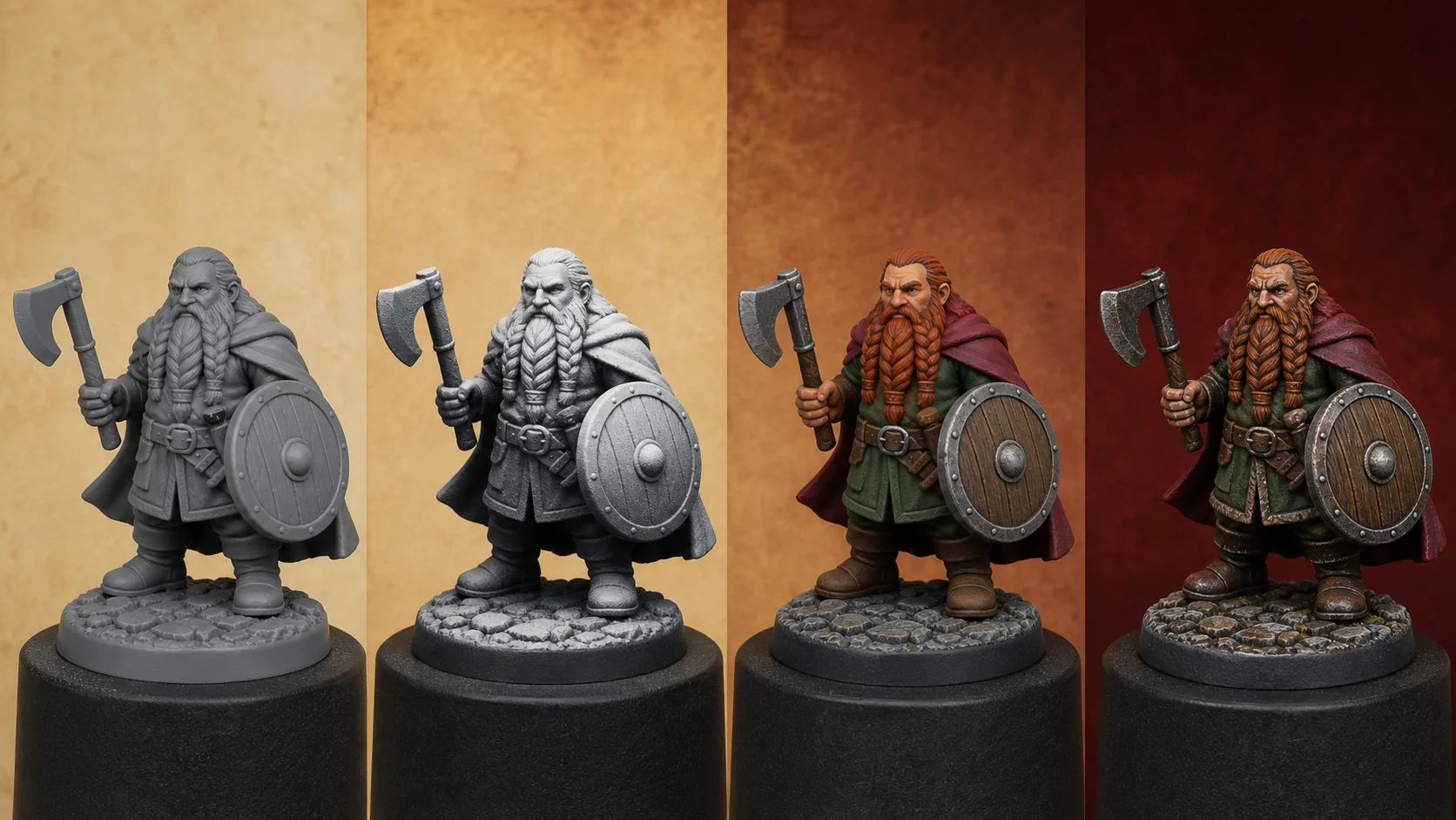 La misma miniatura fantástica original en cuatro fases: plástico gris preparado, imprimación cenital, colores base y acabado avanzado